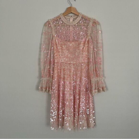 BHLDN Needle & Thread Pink Sequin Long Sleeve Dress, Size 0 NWOT - Picture 3 of 15